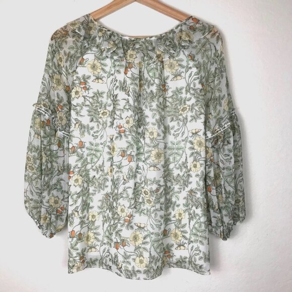 Max Studio Green Floral Balloon Sleeve Top Size X-Small - Picture 2 of 8